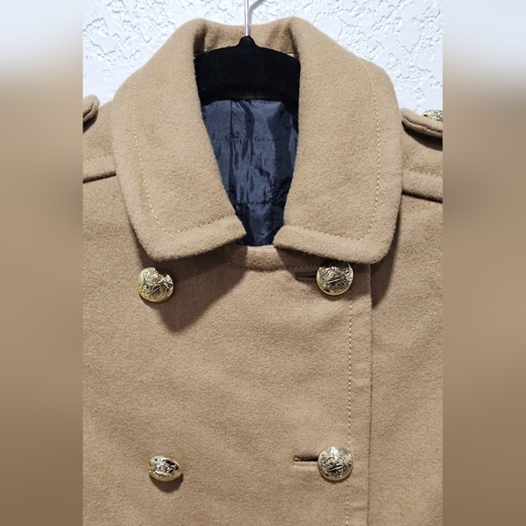 Women's Wool Blend Pea Coat Ruffle Hem Tan Khaki Camel Winter Coat XS - Picture 4 of 15